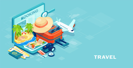 Vector of travel equipment and luggage on a mobile laptop touch screen - obrazy, fototapety, plakaty