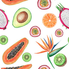 Watercolor tropical fruits seamless pattern. Hand painted illustrations: avocado, papaya, orange, kiwi, maracuja and strelitzia on White background