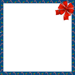 Cute Christmas or new year square border with candy cane, berries pattern and red ribbon isolated