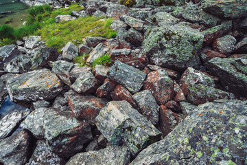 Multicolored boulder stream. Loose rock close up. Water and plants among randomly stones. Amazing detailed background of highlands boulders with mosses and lichens. Natural texture of mountain terrain