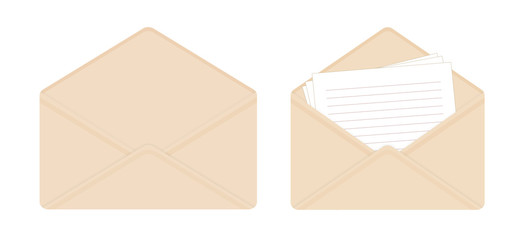 Letter in open beige envelope, blank sheets of paper, empty envelope.