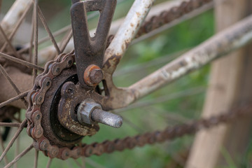 Wheel of old bicycles with rust