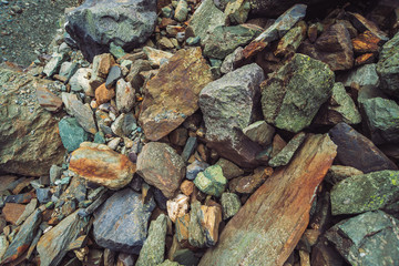 Multicolored boulder stream. Loose rock close up. Randomly scattered stones in nature. Amazing detailed background of highlands boulders with mosses and lichens. Natural texture of mountain terrain.