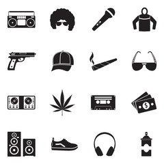 Hip Hop Icons. Black Flat Design. Vector Illustration. 