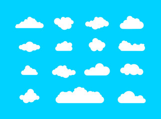 Set of different clouds in the blue sky. Collection of cloud icon, shape, label, symbol. Graphic element vector.