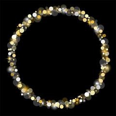 The glowing round frame with white and gold circles, flashes on a black background. Vector.