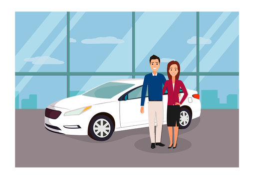 Young family buying a white vehicle at the car showroom. Vector illustration. Car sale concept.