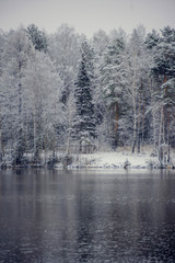 Winter landscape: snow-covered forest on the lake, the reflection of snow trees in the water.