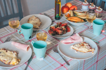 Hearty healthy breakfast on a table in Provence - rustic style in the kitchen - healthy lifestyle