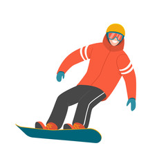 Obraz premium Snowboarder. Vector illustration of a man in red winter jacket, sliding on the snowboard. Isolated on white.