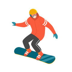 Fototapeta premium Snowboarder. Vector illustration of a man in red winter jacket, sliding on the snowboard. Isolated on white.