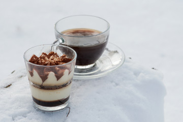 Winter holiday decoration concept: cup of coffee and sweet Italian dessert tiramasu with delicate mascarpone cream from traditional recipe in glass snow on covered wood log in forest preserve park.