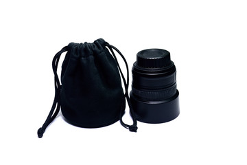 the black cloth bag with single lens reflex camera lens on white background isolated