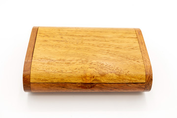 Wooden box for business card isolated from white background.