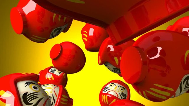 Red daruma dolls on yellow background.3DCG render animation.