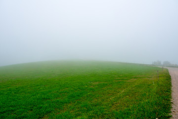 Fototapeta na wymiar Green meadow landscape enfolded in misty rain cloud in autumn