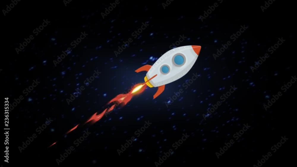 Wall mural rocket ship flying through space animation loop/ looped animation of a cartoon retro rocket ship bla