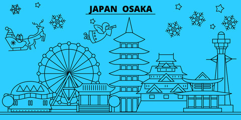 Obraz premium Japonia, panoramę ferii zimowych w Osace. Wesołych Świąt, szczęśliwego nowego roku zdobione transparent z Santa Claus. Płaskie, wektor zarys. Ilustracja liniowa boże narodzenie miasto japonia, Osaka