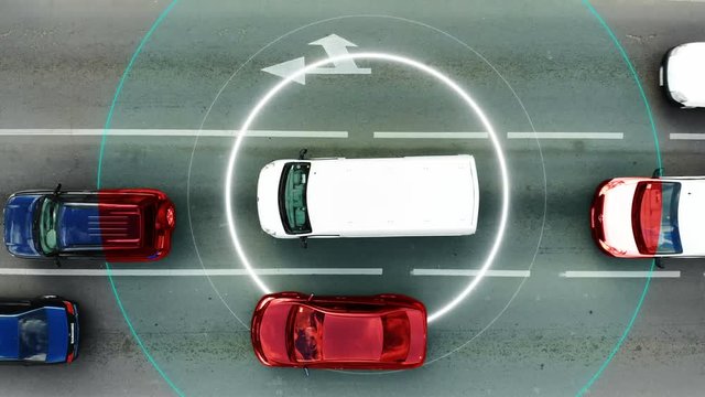 Self Driving Autopilot smart car driving on road in the city. Aerial top view on street. Autonomous machine sonar technology automatically spots nearby cars, overtakes city vehicle. Animation 4k
