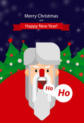 Merry Christmas and Happy New Year! Cute cartoon Santa Claus and Christmas tree. Santa beard. Holiday greeting card. Night background. Merry Christmas isolated vector illustration.