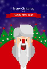 Merry Christmas and Happy New Year! Cute cartoon Santa Claus and Christmas tree. Santa beard. Holiday greeting card. Night background. Merry Christmas isolated vector illustration.