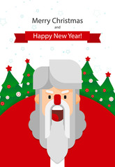 Merry Christmas and Happy New Year! Cute cartoon Santa Claus and Christmas tree. Santa beard. Holiday greeting card. White background. Merry Christmas isolated vector illustration.