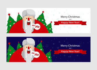 Merry Christmas and Happy New Year! Cute cartoon Santa Claus and Christmas tree. Santa beard. Holiday greeting card. Merry Christmas isolated vector illustration horizontal banner.