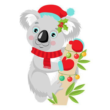 Funny Koala Christmas Vector. Cute Animal Cartoon Character Holiday Vector Illustration On A White Background. Koala In A Santa Hat Sitting On The Eucalyptus Tree.