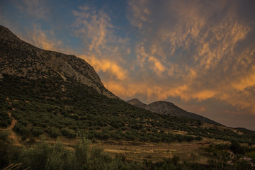 soft focus mountain scenery landscape in evening dark twilight lighting 