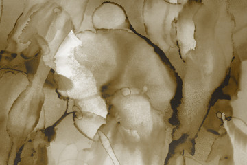 Gold alcohol ink wash texture on clean paper background. Liquid paint flow. Transparent ethereal effect.