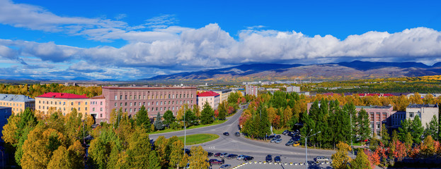 Autumn panoramic view of the city of Apatity. Murmansk region, Russia.