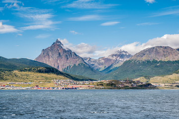 View of Ushuaia and Tierra del Fuego mountains from Beagle Channel, Argentina