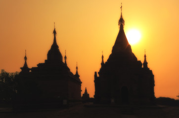 Sunrise silhouette of Iza Gawna Pagoda near Bagan, Myanmar