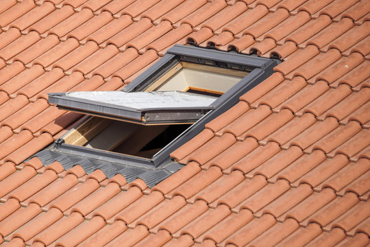 Roof with vasistas or velux windows close up