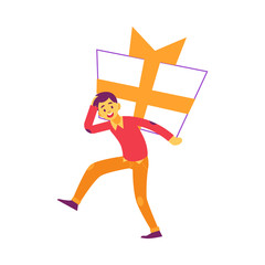 Vector happy young man carrying huge present box with green wrapping ribbon, bow holding it at shoulders. Birthday, anniversary, christmas or new year holiday surprise present