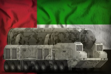 intercontinental ballistic missile with city camouflage on the United Arab Emirates national flag background. 3d Illustration