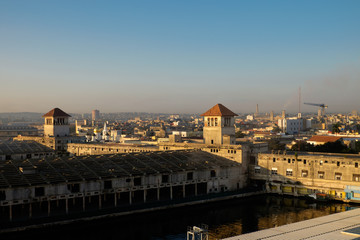 High angle view of Port in Havana Cuba. Street and buildings.