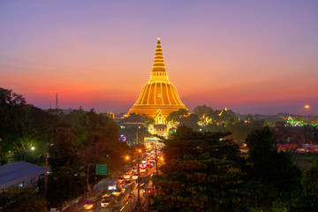Nakhon Pathom, Thailand -November 26, 2018: Golden Pagoda Phra Pathom Chedi decorated with fire. In the worship of Phra Pathom Chedi. Of Nakhon Pathom Province in Thailand.