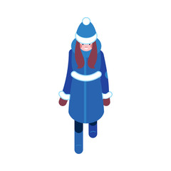 Vector young woman, teen girl with long brown hair in warm winter blue clothing - jacket or coat, hat walking outdoors smiling. Female character with positive emotionx