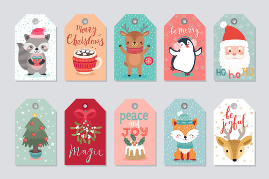 Christmas gift tags set with cute characters.