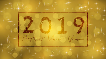 Happy New Year 2019, golden bokeh background with stars.