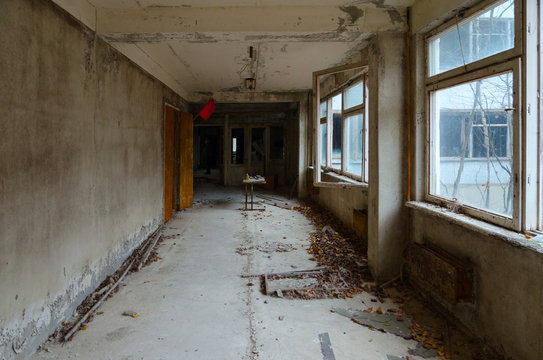 Corridor in abandoned school building, dead ghost town of Pripyat in Chernobyl NPP alienation zone, Ukraine