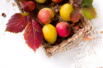 harvest of red apples in a basket and in autumn leaves.