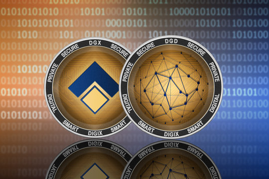 Digix (DGD) and Digix (DGX) coins on the binary code background