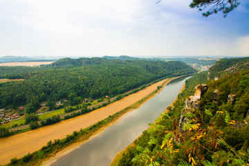 View from old Bastei bridge down on river Elbe in Saxony,Germany