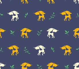 Seamless pattern of yellow and white horses and green twigs on a dark background. Flat vector graphics for design.