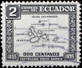 Map of Galapagos islands on stamp of 1935
