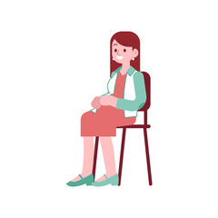 Happy pregnant woman sitting on chair and touching her tummy in flat style - smiling young future mother with belly isolated on white background. Pregnancy and parenthood in vector illustration.