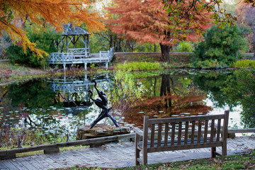 Fototapeta na wymiar Autumn trees reflecting on a pond with a park bench