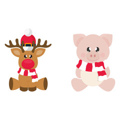 winter cartoon pig with scarf sitting and сhristmas deer